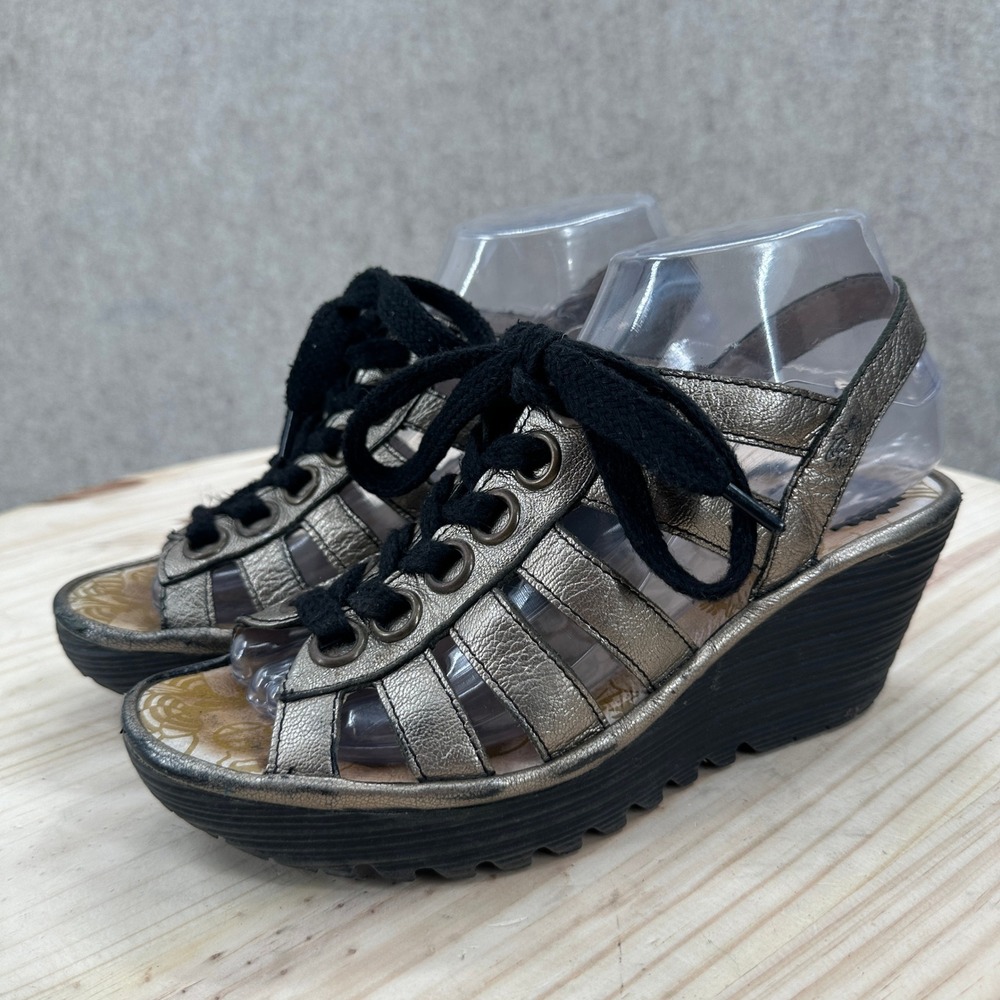Fly London Yito Platform Sandals Womens 6.5-7 Bronze Metallic Lace Up Wedge
